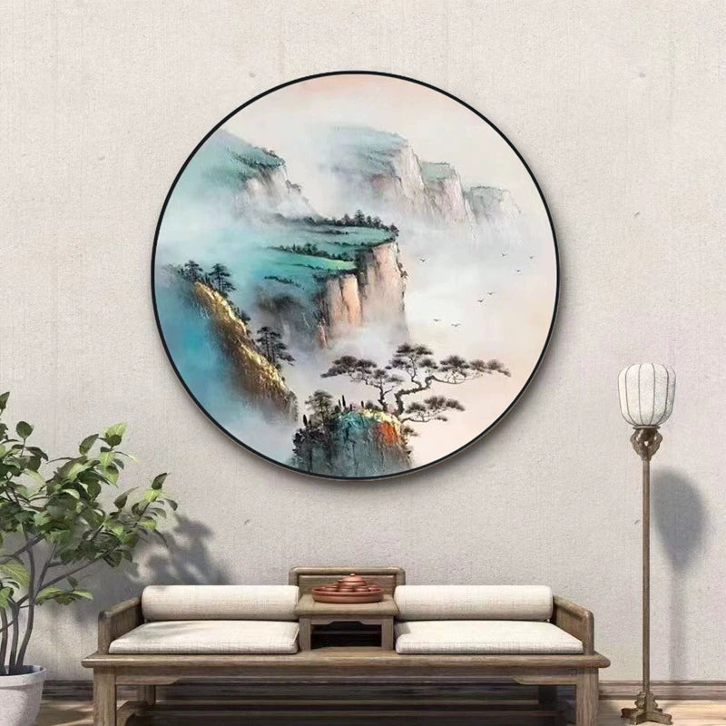 Pure hand-painted circular landscape oil painting new Chinese style decorative painting