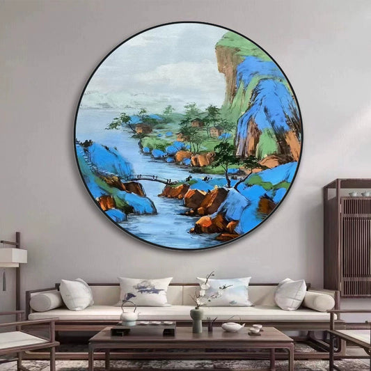 Pure hand-painted oil painting circular landscape green landscape decorative painting