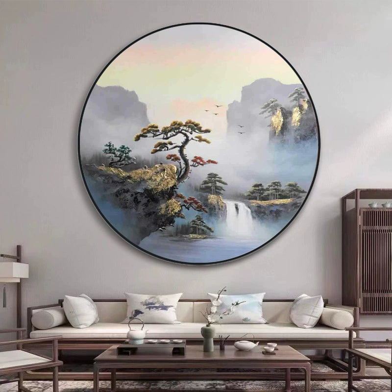 Pure hand-painted circular landscape oil painting new Chinese style decorative painting