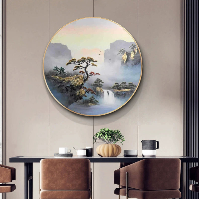 Pure hand-painted circular landscape oil painting new Chinese style decorative painting